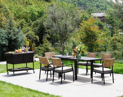 Grand patio Outdoor Wicker Bar Cart, Outdoor Bar Table with Stainless Steel Tabletop, Patio Kitchen Island Grill Cart with Storage Cabinet and 4 Hooks