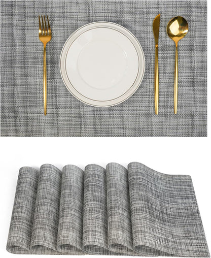 Placemats Set of 6，Non-Slip PVC Weave Table Mats Easy to Clean，Heat Resistant Place Mats for Kitchen Dining Table Decoration Indoor Outdoor，Gray