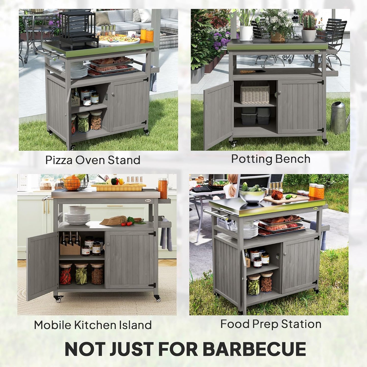 Outsunny Outdoor Grill Cart with Wheels and Storage, Solid Wood Outdoor Kitchen Island with Stainless Steel Top, Movable Bar Cart with Spice Rack, Side Handle, Integrated Hole for BBQ, Gray