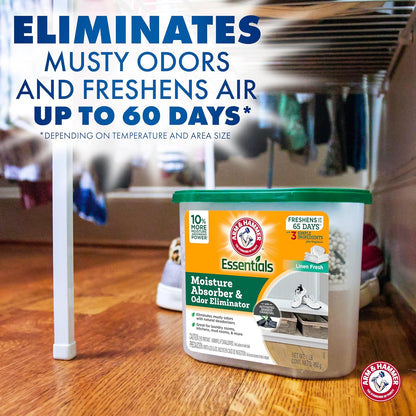 Arm & Hammer Essentials Disposable Moisture Absorber and Odor Eliminator Tub, Linen Fresh, 1 lb., 3-Pack, Attracts and Traps Excess Moisture, Ideal Closet Non-Electric Dehumidifier