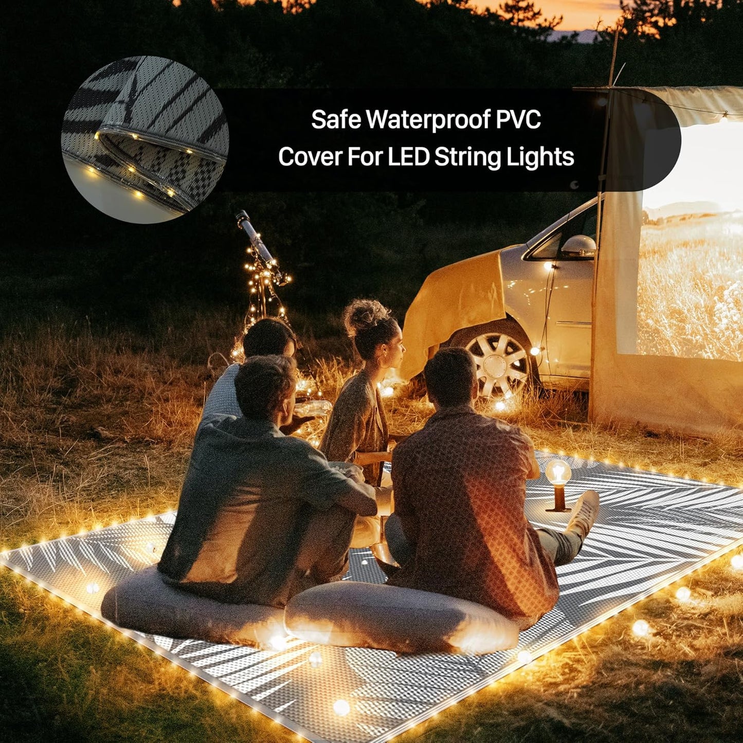 GENIMO Outdoor Rug 6' x 9' Waterproof for Patios Clearance, Reversible Outdoor Plastic Straw Camping Rug Carpet with LED String Light, Area Rugs Mats for RV, Camper, Deck, Balcony, Porch, Grey&White