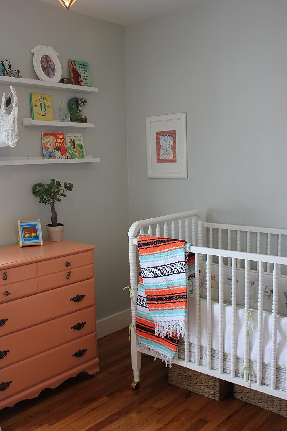 Del Mex Classic Mexican Blanket, Large Authentic Woven Falsa Throw (70"x50"), Artisan Southwest Décor for Beach, Yoga, Outdoors (Mint/Orange)