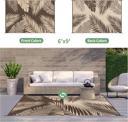 GENIMO Outdoor Rug 6' x 9' Waterproof for Patios Clearance, Reversible Outdoor Plastic Straw Camping Rug Carpet, Large Area Rugs Mats for RV, Camper, Deck, Balcony, Porch, Beach, Picnic, Coffee&Beige