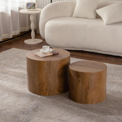 Nesting Round Coffee Table Set of 2, Small Circle Accent End Table for Small Spaces, Morden Drum Side Table, Wooden Center Table for Living Room, Fully Assembled - Light Walnut