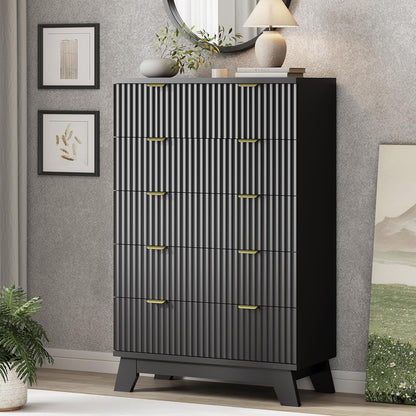 Fluted Dresser for Bedroom with 6 Drawers, 46" Tall Modern Chest of Drawers with Metal Handle, Wooden Dresser TV Stand, Wood Closet Clothes Storage Organizer for Living Room, Hallway, Black