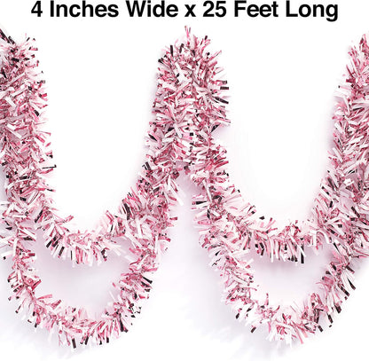 Anderson's Light Pink & White Sparkle Glitter Metallic Tinsel Twist for Trailer Or Golf Cart, 4 inches Wide x 25 ft Long, Christmas, Patriotic and Holiday Garland Decor for Parties and Parades