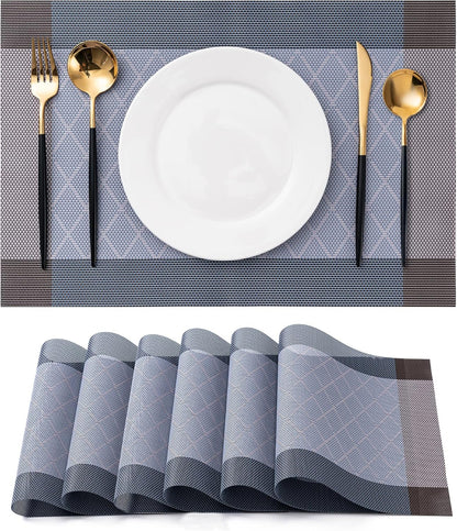 CADONO Placemats Set of 6 Washable Indoor/Outdoor Vinyl Place Mats for Dining Table Durable Non-Slip Heat Resistant PVC Weave Table Mats（Rhombus-Blue）