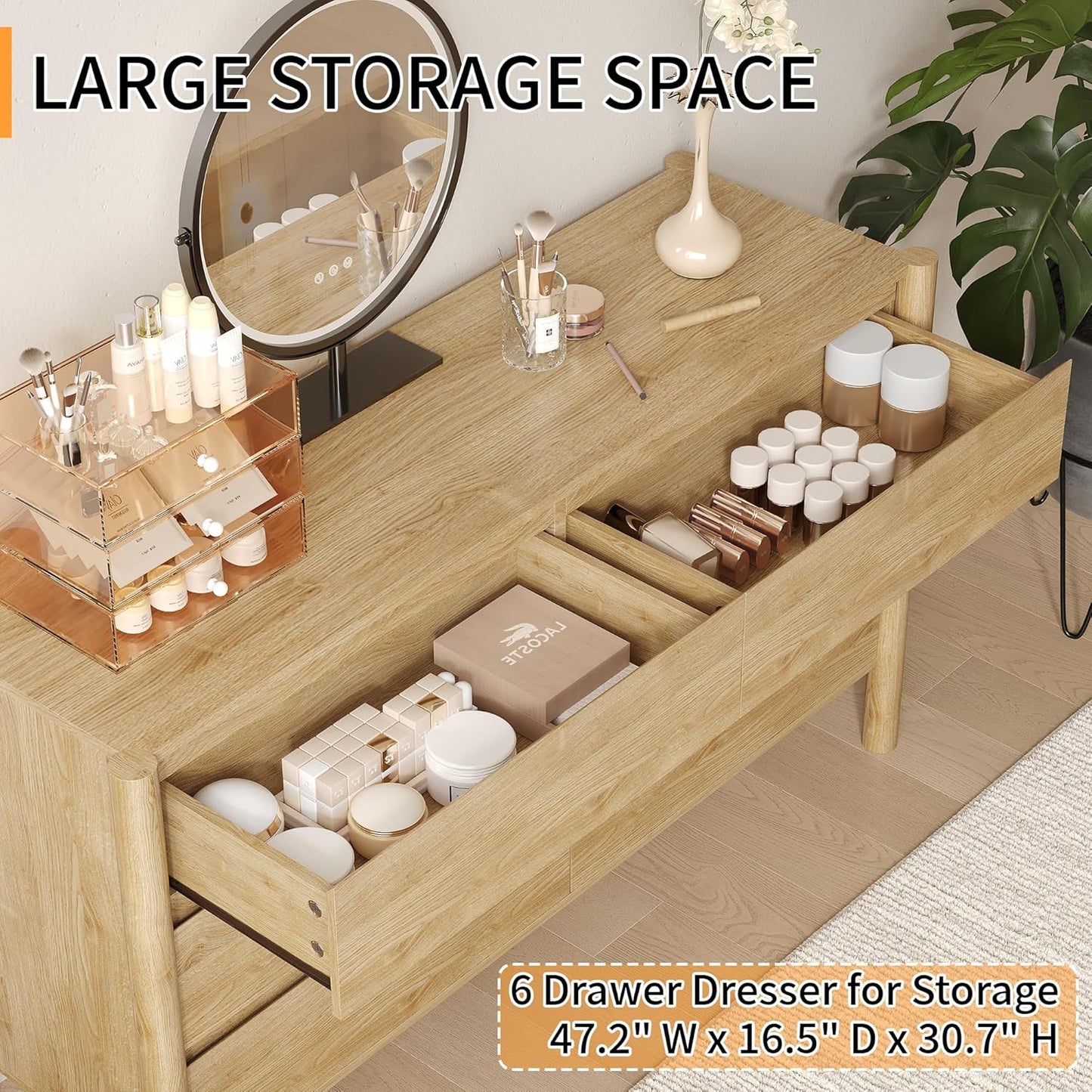 Dresser for Bedroom with 6 Drawers,47" Wide Oak Dresser with 4 Solid Wood Legs, Wooden TV Stand,Closet Clothes Organizer for Bedroom, Hallway