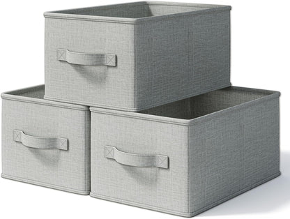 3 Pack Fabric Storage Bins for Shelves | 11.5x8.75x6.5in Closet Storage Baskets | Collapsible Storage Bins | Fabric Closet Organizers with Handles | Light Gray