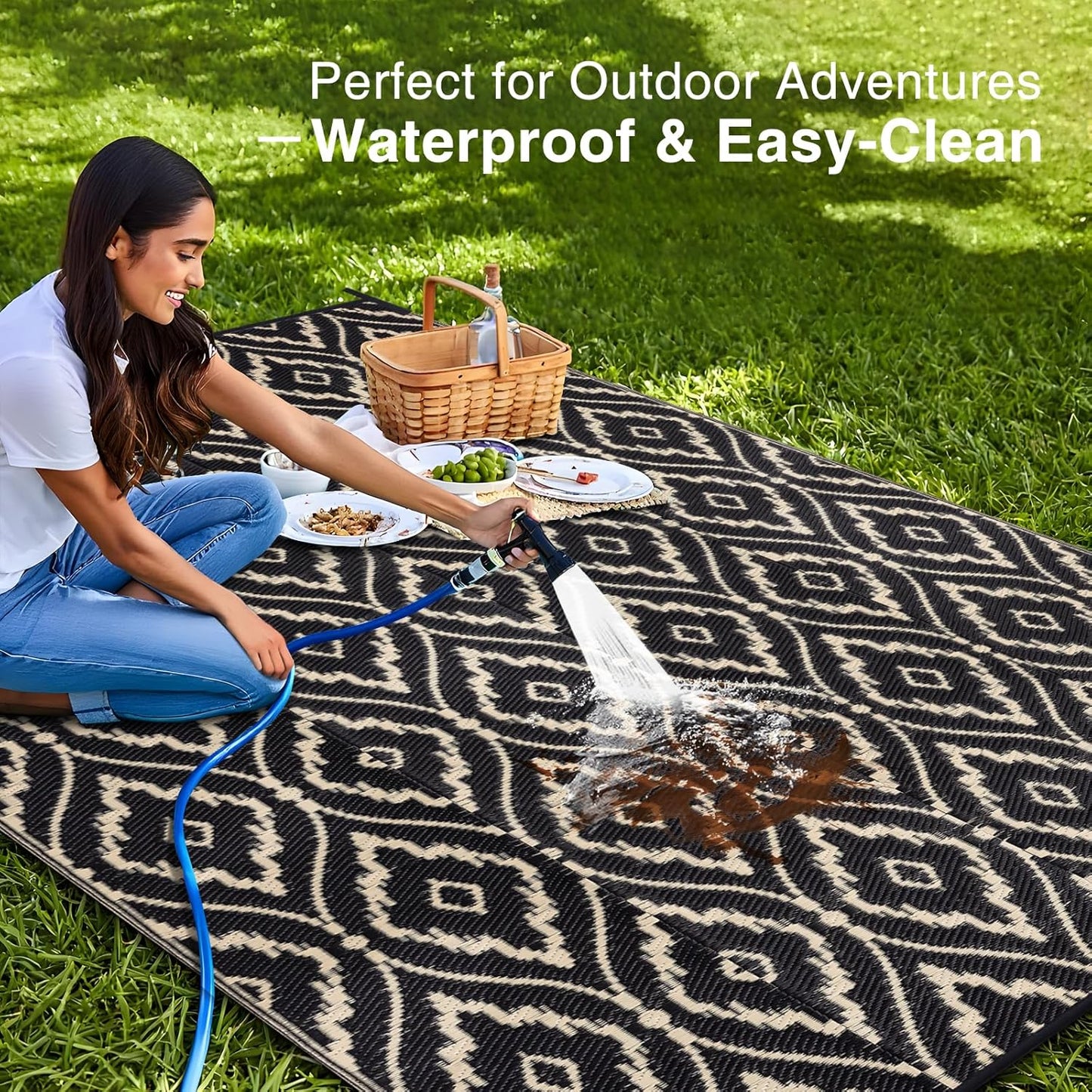 OLANLY Outdoor Rug 9x12 ft Waterproof, Outdoor Plastic Straw Rug with Geometric Pattern Clearance, Reversible RV Mat for Patio, Camping, Balcony, Deck, Backyard, Black & Beige