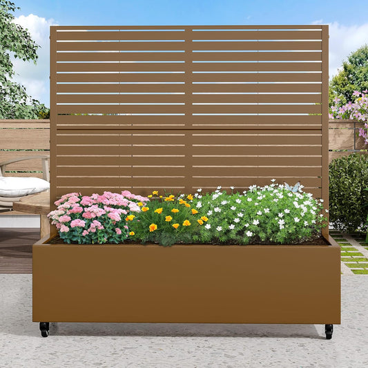 Casaphoria Metal Raised Garden Bed with Trellis and Wheels, 47"x47"x16" Planter Box for Climbing Plants, Vegetables & Vines, Features Drainage Holes and Privacy Screen (Brown-Louvered)