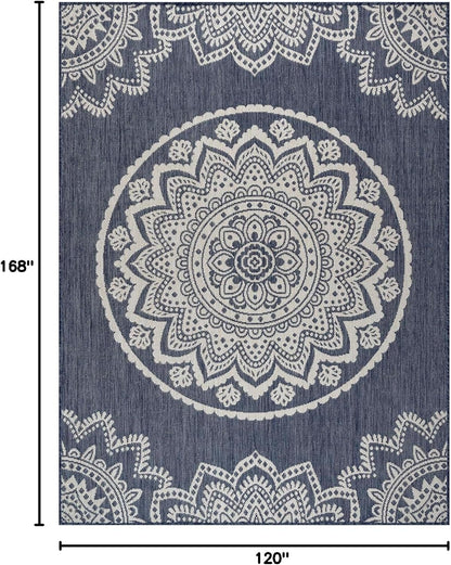 CAMILSON Outdoor Rug 10x14 Modern Area Rugs for Large Indoor and Outdoor Patios and Porches - Waterproof Washable Non-Shedding Easy-to-Clean Outside Carpet (10 x 14, Medallion - Blue/White)