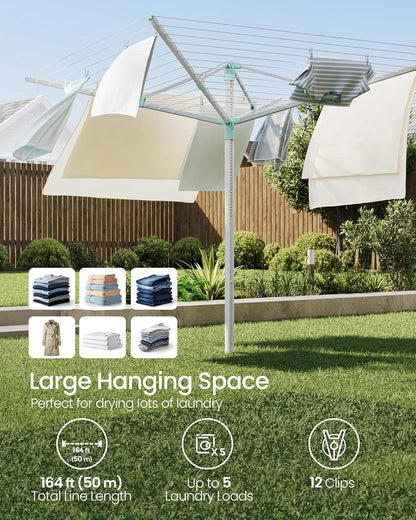 SONGMICS Umbrella Drying Rack, Retractable Outdoor Drying Rack, Height Adjustable, 164 ft Long Clothesline, Holds 5 Laundry Loads, for Garden, with Ground Spike, Cover, Silver and Green ULLR301E01