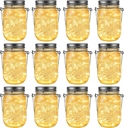 GIGALUMI Solar Mason Jar Lights, 12 Pack 30 Led String Fairy Lights Garden Lights Outdoor Waterproof Metal Lid Hanging Solar Lanterns for Outdoor, Garden, Patio, Lawn, Balcony Decoration