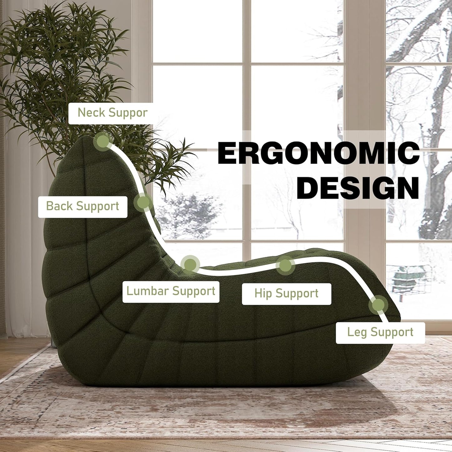 Bean Bag Chair, Fireside Chair Bean Bag Sofa Large Bean Bag Chair for Adults, Bean Bag Chairs for Teens with High Density Comfortable Foam, Memory Foam Bean Bag for Living Room, Bedroom (Green)