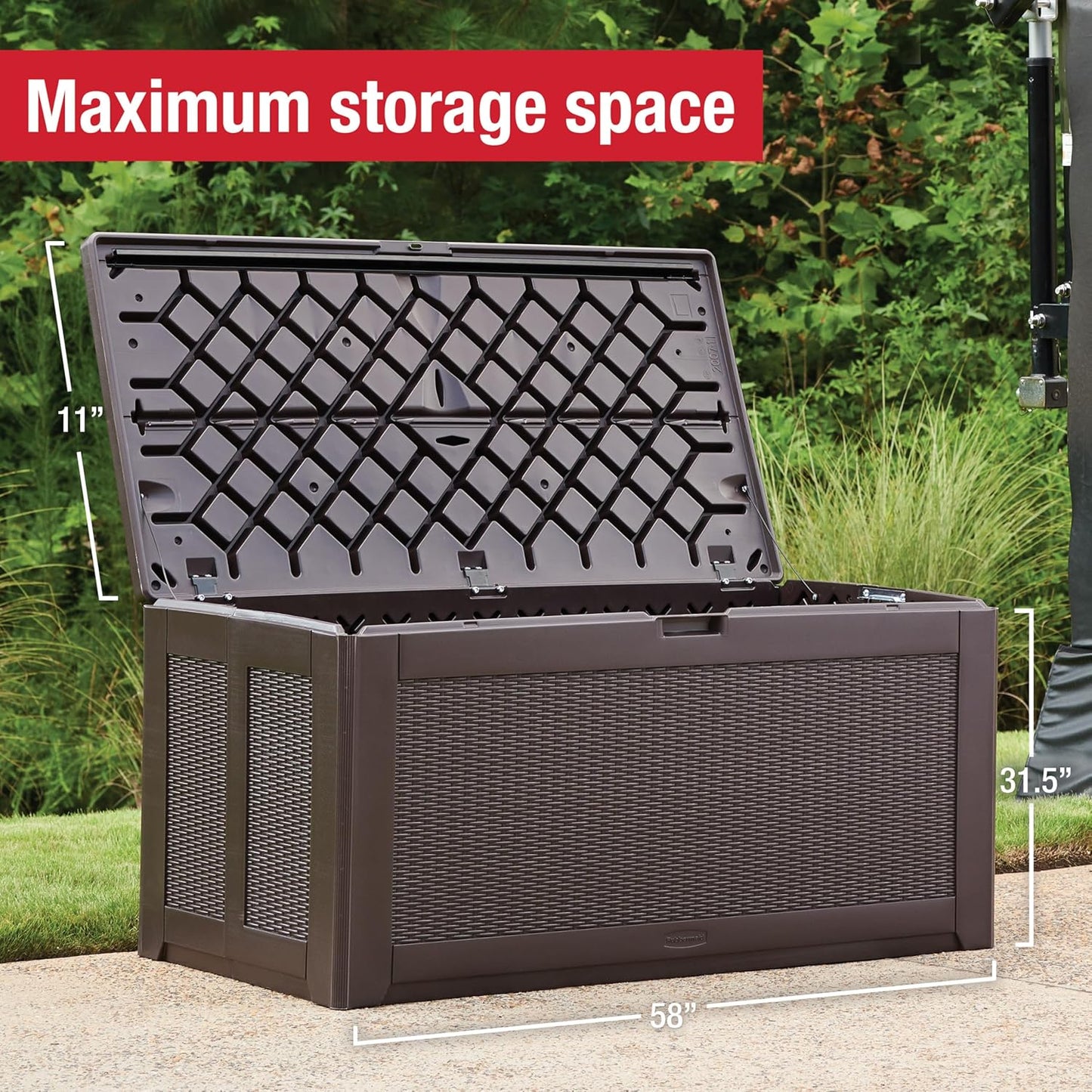 Rubbermaid Extra Large Resin Outdoor Storage Deck Box (134 Gal), Weather Resistant, Brown, Deck Organization for Home/Backyard/Pool Chemicals/Toys/Garden Tools/Porch/Patio Cushions