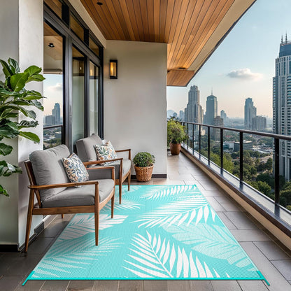 GENIMO Outdoor Rug 8' x 10' Waterproof for Patios Clearance, Reversible Outdoor Plastic Straw Camping Rug Carpet, Large Area Rugs Mats for RV, Camper, Deck, Balcony, Porch, Beach, Aqua Blue&White