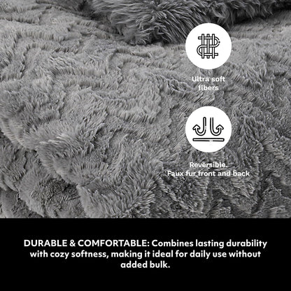 Mon Chateau Grey 3D Jacquard Faux Fur Throw, Plush Luxury Blanket for Couch, Sofa, or Bed, Soft Reversible Throw Blanket for Sleeping, Home & Room Décor, 60" x 70"