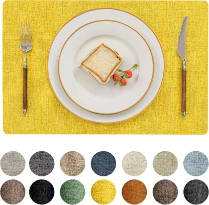 Romanstile Vinyl Placemats Set of 6-12 X 18 Inch - Heat Resistant Place Mats 100% Waterproof Oilproof Wipeable Reversible Faux Leather Table Mats for Kitchen/Dining/Party/Outdoor, Yellow