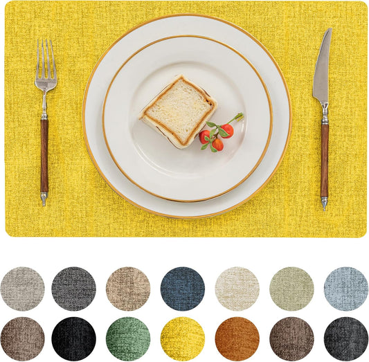 Romanstile Vinyl Placemats Set of 6-12 X 18 Inch - Heat Resistant Place Mats 100% Waterproof Oilproof Wipeable Reversible Faux Leather Table Mats for Kitchen/Dining/Party/Outdoor, Yellow