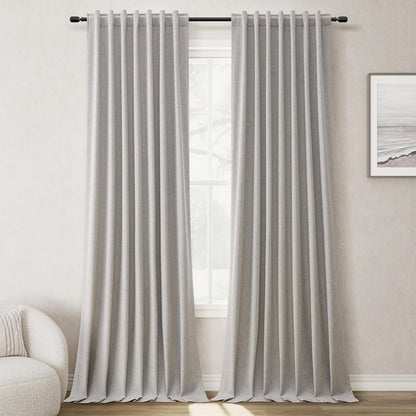 BOODII 108 Inch Black Out Curtains 2 Panels Set Back Tab Thermal Insulated Natural Linen Textured Blackout Curtains Noise Reducing Silver Gray Neutral Living Room Darkening Window Drapes 52x108
