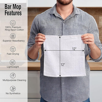 Bar Mop Cleaning Kitchen Dish Cloth Towels,100% Cotton, Machine Washable, Everyday Kitchen Basic Utility Bar Mop Dishcloth Set of 12, White