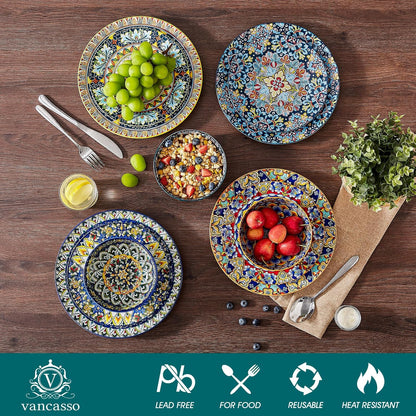 vancasso 18 Pieces Dinnerware Sets, Plates and Bowls Set, Porcelain Dishes Set for 6, Microwave and Dishwasher Safe, Scratch Resistant, Bohemian Style Dining Ware Service for 6, Series SIMI