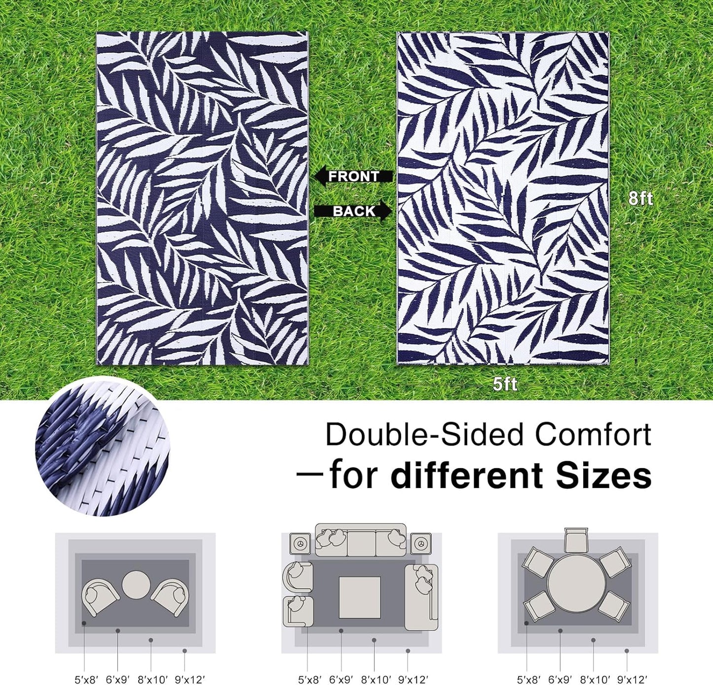 OLANLY Waterproof Outdoor Rug 5x8 ft, Reversible Outdoor Plastic Straw Rug with Leaf Pattern, RV Mat, Indoor Outdoor Carpet for Patio, Camping, Balcony, Deck, Backyard, Navy & White