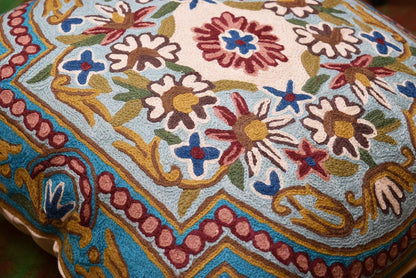 Turquoise Floral Pillow Cover Traditional Blue Flower Pillowcase Traditional Outdoor Cushion Suzani Flower Throw Florals Chair Farmhouse Hand Embroidered Cushions Wool 18x18 Inch