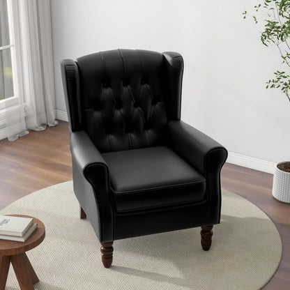 Accent Chair, Upholstered Armchair with Button Tufted High Back & Solid Wood Legs, Comfy Wingback Reading Single Sofa Chair for Small Spaces, Living Room, Bedroom (Leather Black, Set of 2)