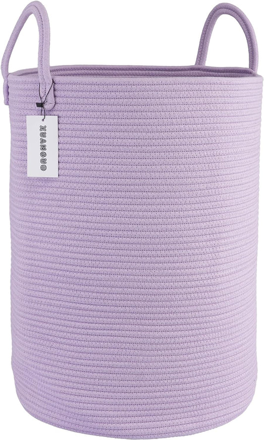 Cotton Rope Laundry Basket Hamper for Clothes Woven Storage Basket for Living Room Bedroom Boho Tall Rope Baskets for Blanket Toys Pillow Towels Baby Nursery Hamper Bin Large purple
