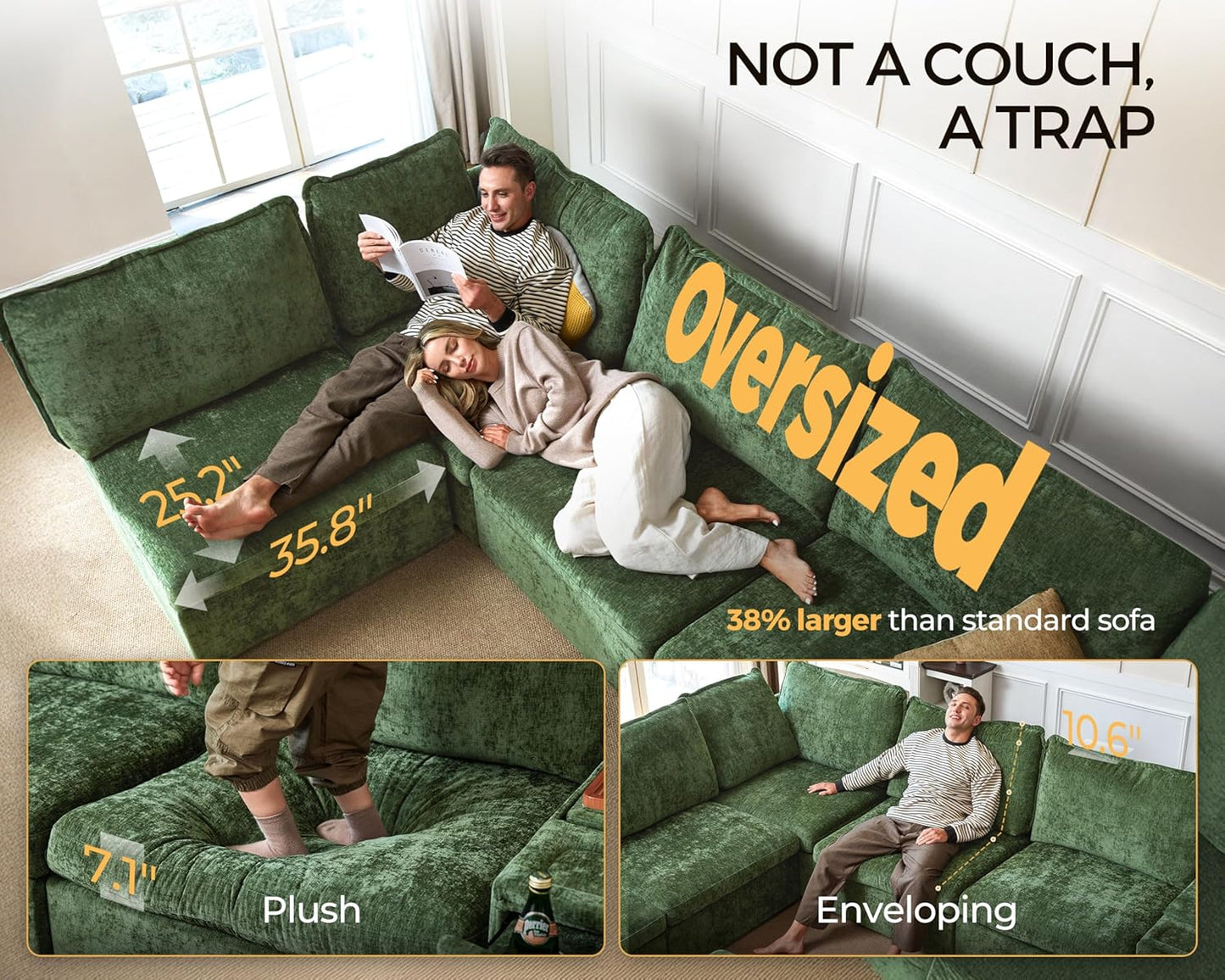 Oversized Modular Sofa Comfy Cloud Couch with Storage, Extra Deep Plush Sectional Sofa Set for Living Room, Covers Washable, Chenille, Olar (Green, 6-seatser with Corner & Ottoman, v-Shaped)