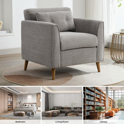 Mid Century Modern Accent Chairs, Chenille Grey Upholstered Armchair,Living Room Chairs with Wooden Legs, Side Single Sofa Chair for Bedroom, Office Cafe Waiting Room Apartment