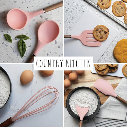 Country Kitchen Non Stick Silicone Utensil Set with Rounded Wood Handles for Cooking and Baking, 8 Piece Set, Pink