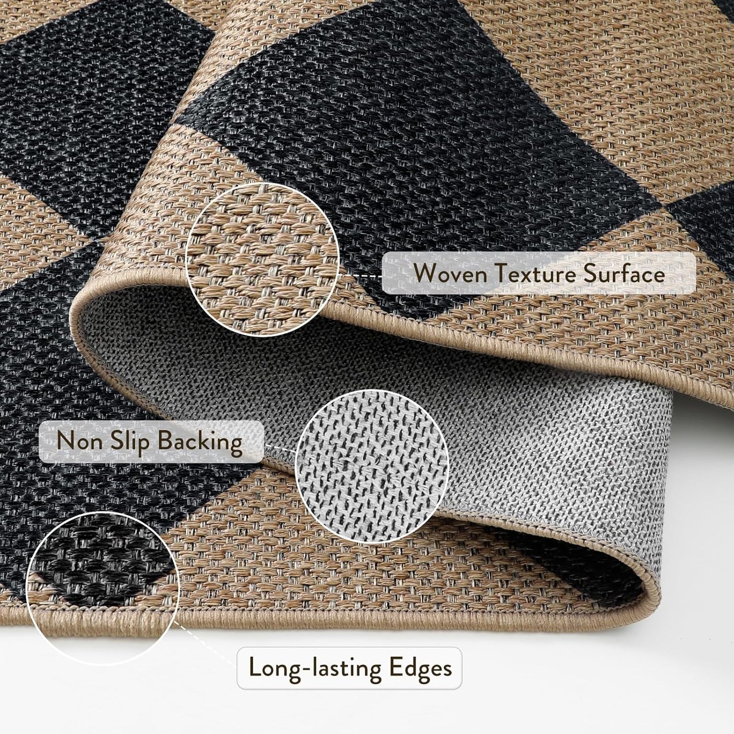 Lahome Checkered Easy Jute 3x5 Outdoor Patio Rug, Washable Rugs for Entryway Diamond Indoor Outdoor Living Room Carpet, Farmhouse Neutral Non Slip Black Door Carpet for Backyard Bedroom