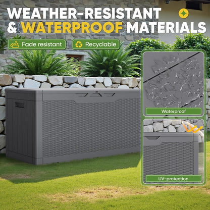 Greesum 100 Gallon Resin Deck Box Lockable Large Outdoor Storage Boxes for Garden Tools, Patio Furniture Cushions, Pool Supplies, Gray