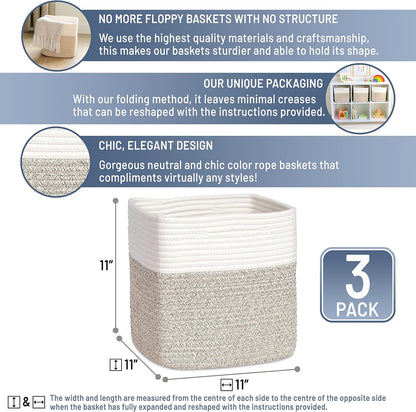 NaturalCozy Storage Cubes 11 Inch Cotton Rope Woven Baskets for Organizing, 3-Pack | Cube Bin Square Shelves Organizer, Classroom, Kids Toy Bins, Closet, Baby Nursery