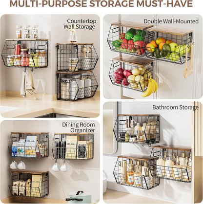 Delamu 3 Pack Stackable Metal Fruit Basket with Wood Lid-Wall Mounted&Countertop Organizer for Kitchen,Pantry- Ventilated Storage for Onions,Potatoes,Fruits,Spices,Black