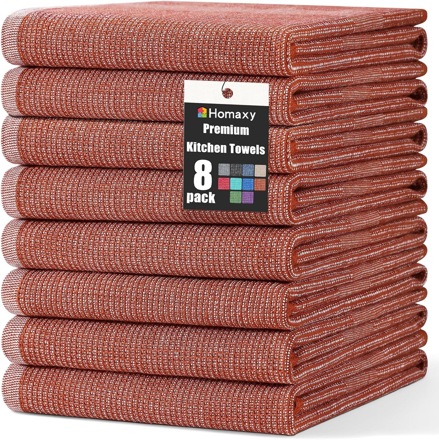 Homaxy Premium Kitchen Towels(18”x 28”, 8 Pack), Large Cotton Kitchen Hand Towels, Flat and Terry Dish Towels, 380 GSM Highly Absorbent Tea Towel Set with Hanging Loop, Rust