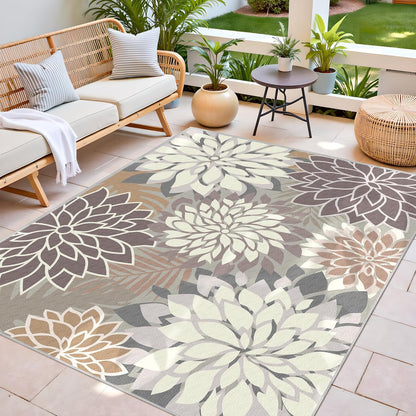 Indoor Outdoor Area Rug Washable Multicolored Patio Rug Tropical Botanical Modern Floral Indoor Outdoor Carpet Brown White Rug Non Slip Non Shedding for Patio, Deck, Backyard, Porch (9x12)