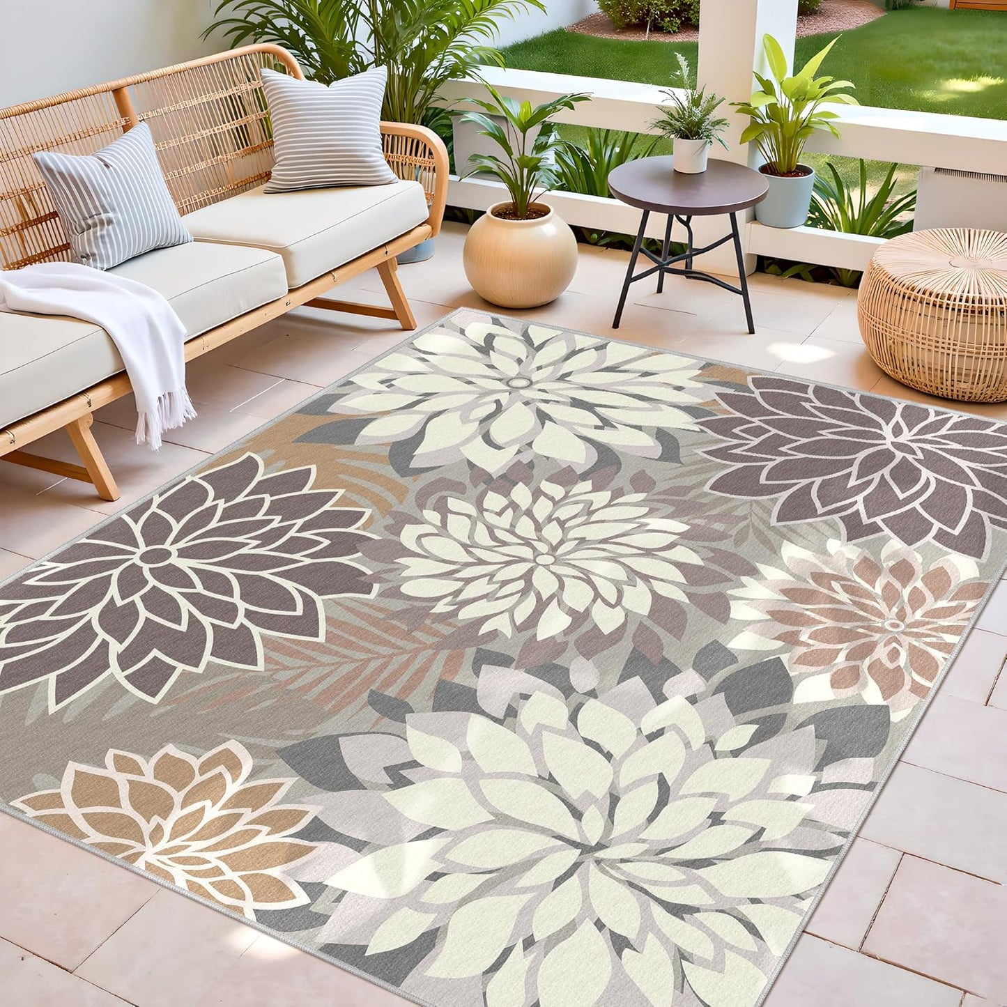 Indoor Outdoor Area Rug Washable Multicolored Patio Rug Tropical Botanical Modern Floral Indoor Outdoor Carpet Brown White Rug Non Slip Non Shedding for Patio, Deck, Backyard, Porch (8x10)