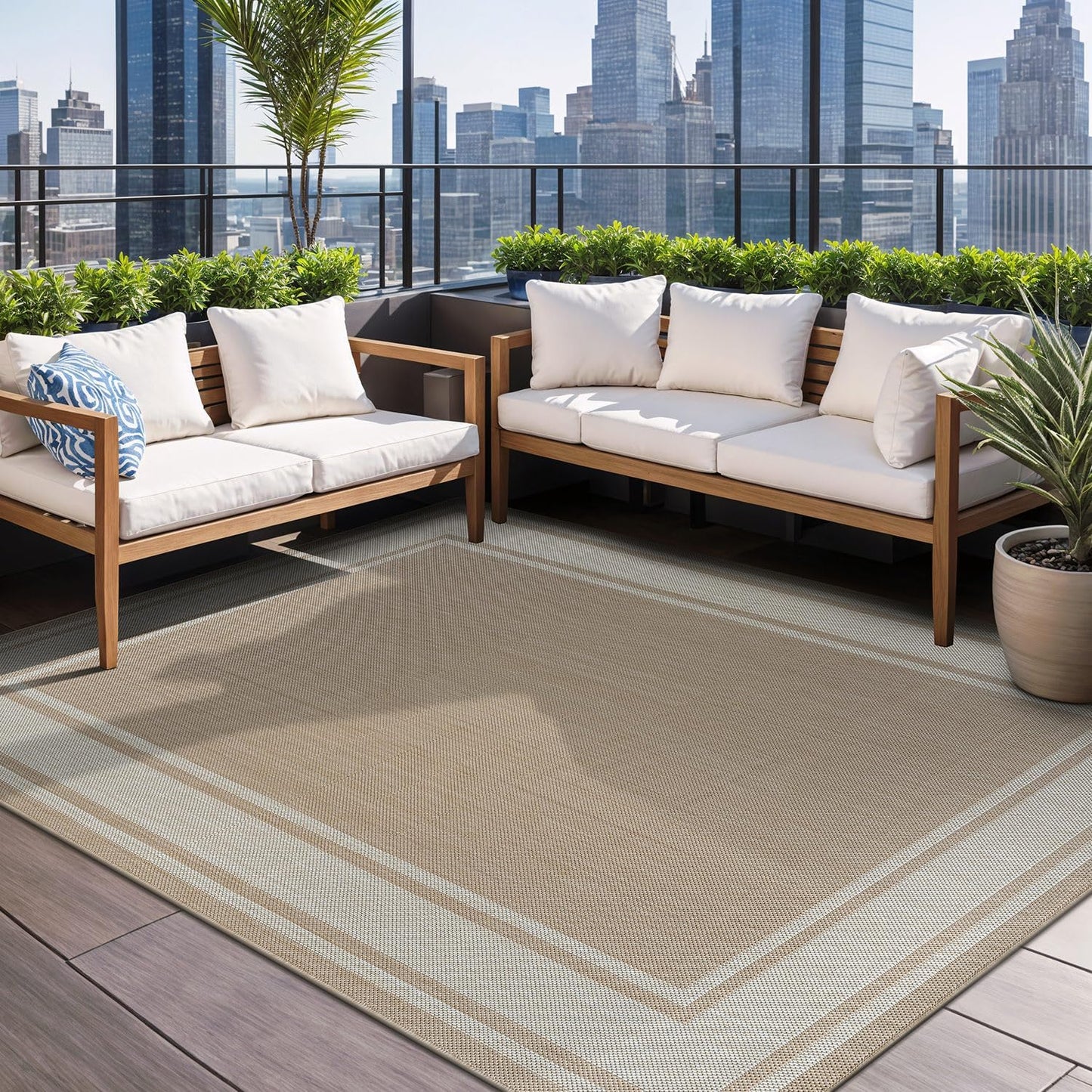 Beverly Rug Large Outdoor Rug 10x14 Modern Bordered Area Rugs for Indoor and Outdoor Patio Deck Porch Garden Waterproof Weather Sun Resistant Washable Outside Carpet (10 x 14 Beige)
