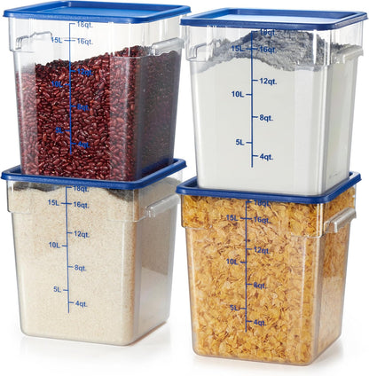CURTA 4 Pack Food Storage Containers with Blue Lids - NSF Listed Commercial Grade in 18.0 Qt - Square, Clear, Polycarbonate