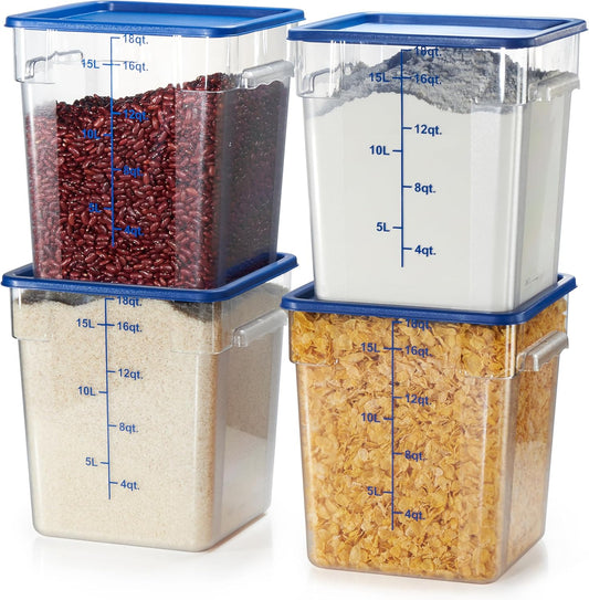 CURTA 4 Pack Food Storage Containers with Blue Lids - NSF Listed Commercial Grade in 18.0 Qt - Square, Clear, Polycarbonate