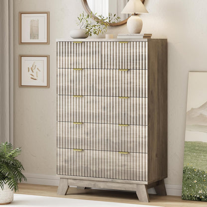 Fluted Dresser for Bedroom with 6 Drawers, 46" Tall Modern Chest of Drawers with Metal Handle, Wooden Dresser TV Stand, Wood Closet Clothes Storage Organizer for Living Room, Hallway, Grey