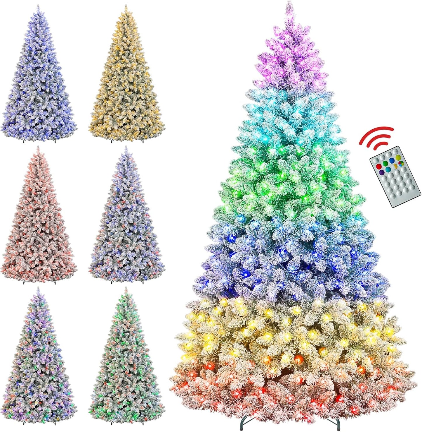 7.5ft Lighted Snow Flocked Christmas Tree with Remote Control, 450 Multi-Color RGB Lights, 1446 PVC Branch Tips, 15 Mode Artificial Hinged Christmas Tree for Home