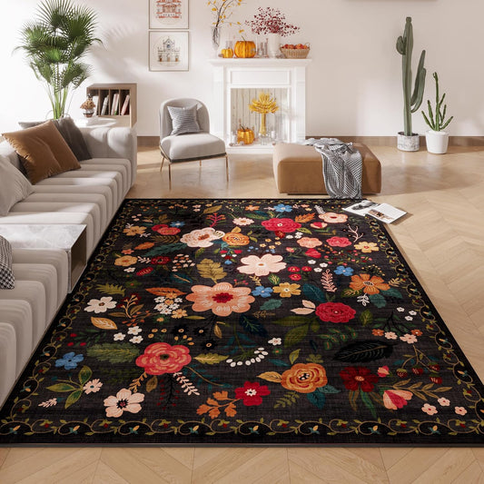 Living Room Rug 5x7 Rug Machine Washable Boho Area Rug Non Slip Floral Vintage Low Pile Large Rugs for Living Room, Bedroom, Farmhouse, Dining Room, Kids Playroom(Black)