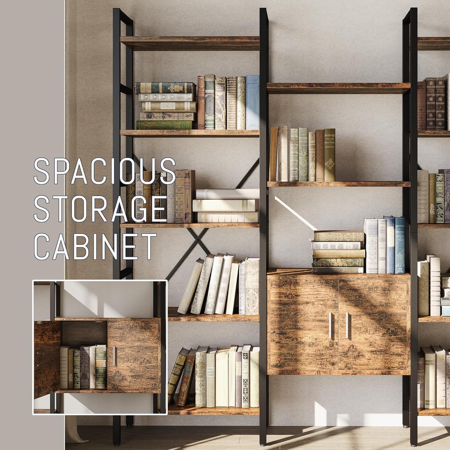 70 x70" Triple 5 Tier Book Shelf, Industrial Large Bookcase with Storage Cabinet, Tall Bookshelf with 14 Open Display Shelves Metal Frame Furniture for Living Room Bedroom Home Office Rustic Brown