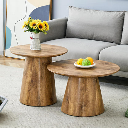 WILLIAMSPACE Round Coffee Table with Wooden Base, Modern Wood Small Circle Coffee Table Center Table with Natural Wood Grain Surface, Accent Side End Table for Living Room Apartment, φ25.6