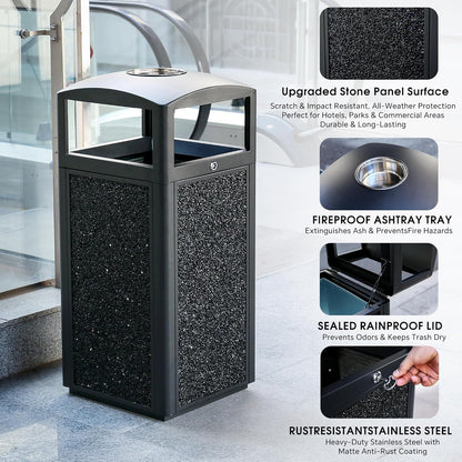 Commercial Metal Outdoor Trash Can with Lid, Lockable Outdoor Garbage Can with Nature Stone Panels, Heavy-Duty Rustproof Trash Bin with Removable Liner for Parks & Public Spaces
